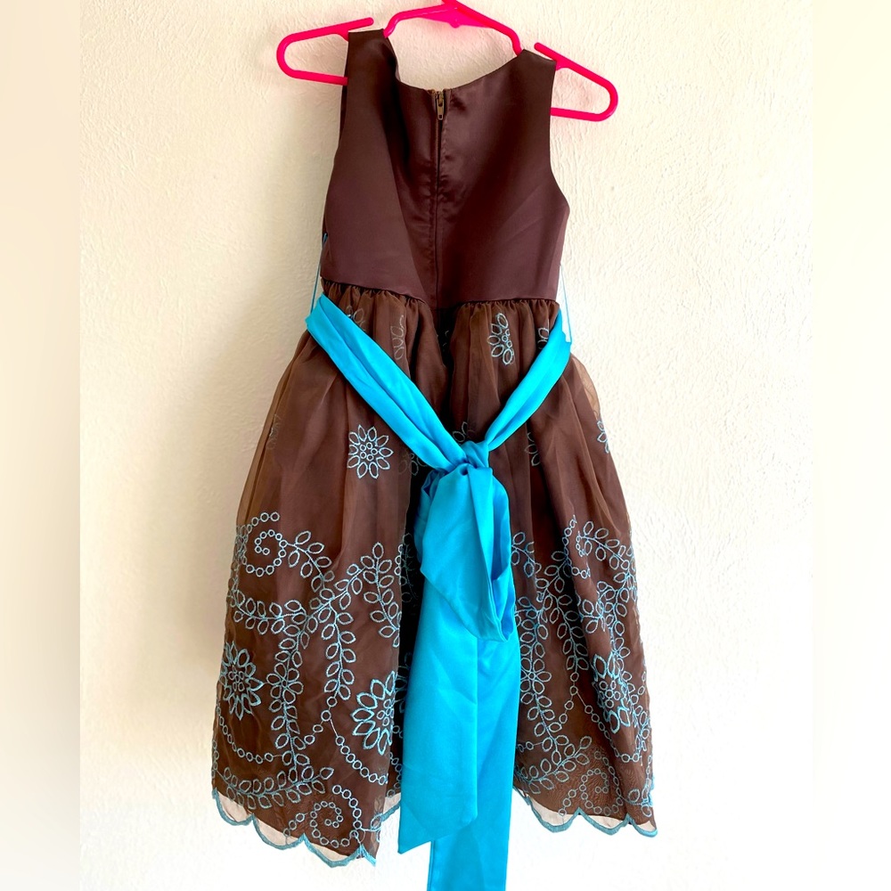 Brown and blue embroidered organza dress